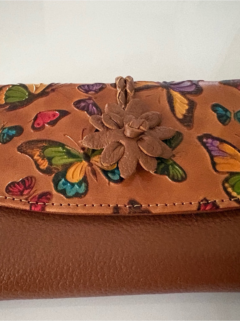Butterfly Embossed Brown Leather Wallet with Floral Accent